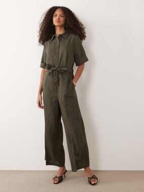 NWT Mango Short Sleeve Tie Waist Utility Jumpsuit Khaki XS
